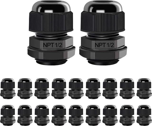 AIRIC 1/2 NPT Cable Glands Nylon PA66, Black IP68 Waterproof Adjustable Strain  Relief Cord Connector, Junction Box Connectors Cord Grips with Gaskets and  Locknut, (1/2 NPT, 20PCS) 