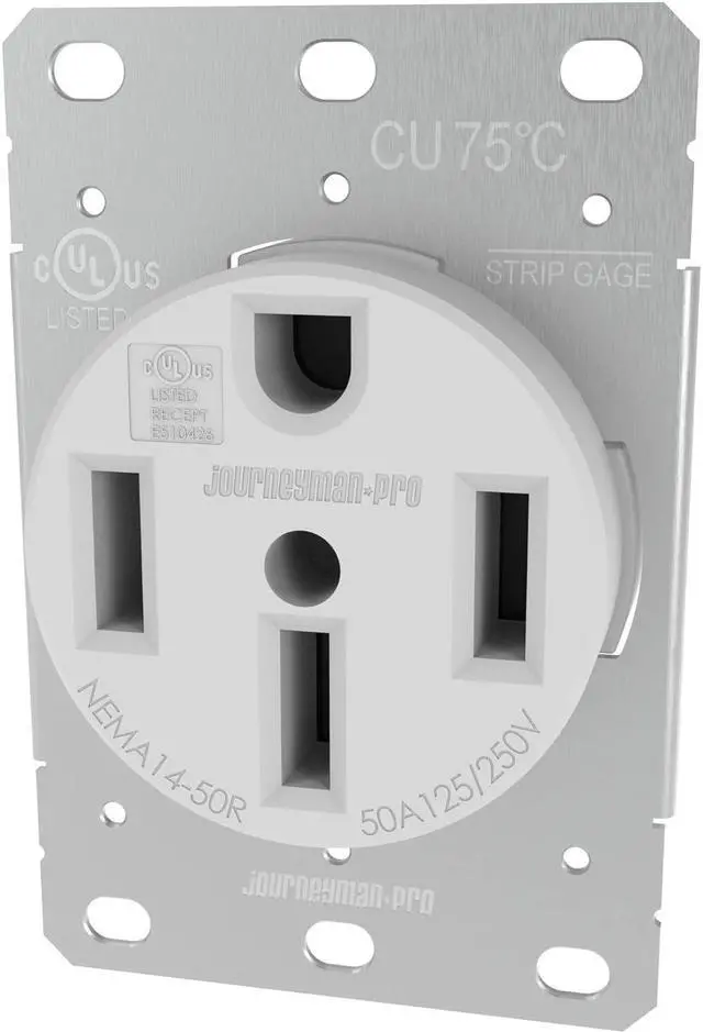Main image of Lifetime Guaranteed, NEMA 14-50 Commercial/Industrial Grade U.L. Approved 50 AMP 240V Receptacle 50A Wall Range Outlet for RV and Electric Vehicles, 125/250V Black or White (White)