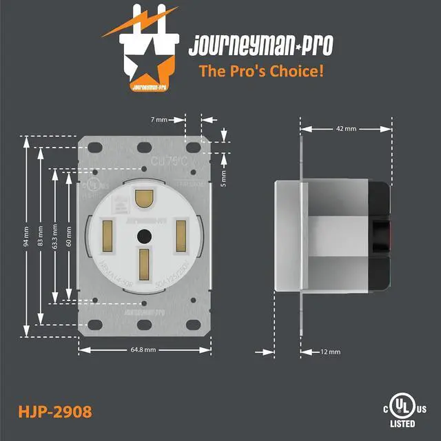 Alt view image 5 of 6 - Lifetime Guaranteed, NEMA 14-50 Commercial/Industrial Grade U.L. Approved 50 AMP 240V Receptacle 50A Wall Range Outlet for RV and Electric Vehicles, 125/250V Black or White (White)