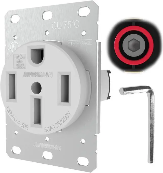 Alt view image 6 of 6 - Lifetime Guaranteed, NEMA 14-50 Commercial/Industrial Grade U.L. Approved 50 AMP 240V Receptacle 50A Wall Range Outlet for RV and Electric Vehicles, 125/250V Black or White (White)