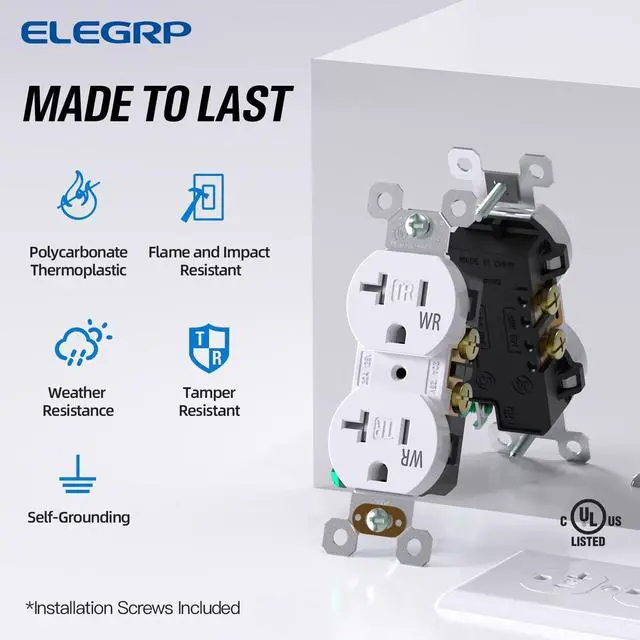 Alt view image 2 of 7 - ELEGRP 20 Amp 125V Duplex Receptacle, Standard Electrical Wall Outlet, TR Tamper Resistant and WR Weather Resistant, 2 Pole 3 Wire, Self-Grounding, Residential Grade, UL Listed, Glossy White, 10 Pack