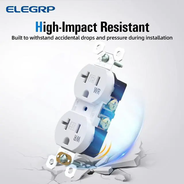 Alt view image 3 of 7 - ELEGRP 20 Amp 125V Duplex Receptacle, Standard Electrical Wall Outlet, TR Tamper Resistant and WR Weather Resistant, 2 Pole 3 Wire, Self-Grounding, Residential Grade, UL Listed, Glossy White, 10 Pack