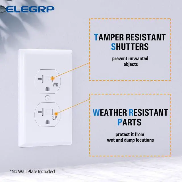 Alt view image 4 of 7 - ELEGRP 20 Amp 125V Duplex Receptacle, Standard Electrical Wall Outlet, TR Tamper Resistant and WR Weather Resistant, 2 Pole 3 Wire, Self-Grounding, Residential Grade, UL Listed, Glossy White, 10 Pack