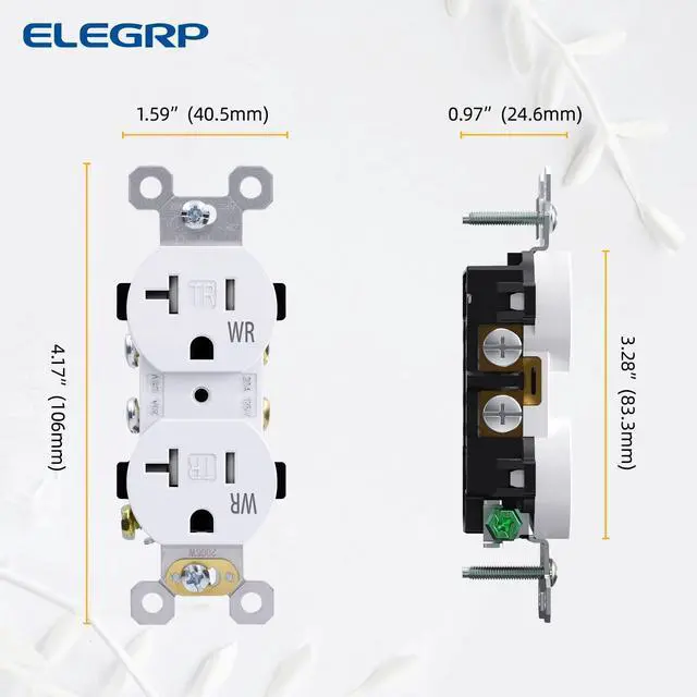 Alt view image 6 of 7 - ELEGRP 20 Amp 125V Duplex Receptacle, Standard Electrical Wall Outlet, TR Tamper Resistant and WR Weather Resistant, 2 Pole 3 Wire, Self-Grounding, Residential Grade, UL Listed, Glossy White, 10 Pack