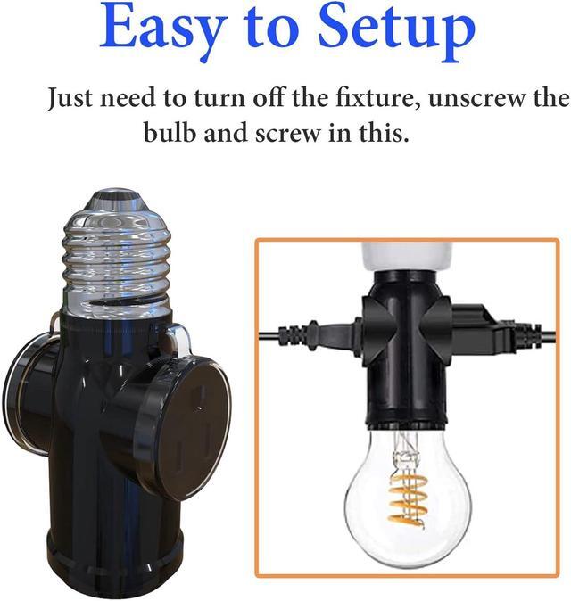Alt view image 2 of 6 - 2 Pcs Luntak 3 Prong Light Socket to Plug Adapter, E26 Light Socket Outlet Outdoor, Light Bulb to 2/3 Prong Outlet Socket Splitter Converter Heat-Resistant for Porch Patio Garage Utility Rooms (Black)