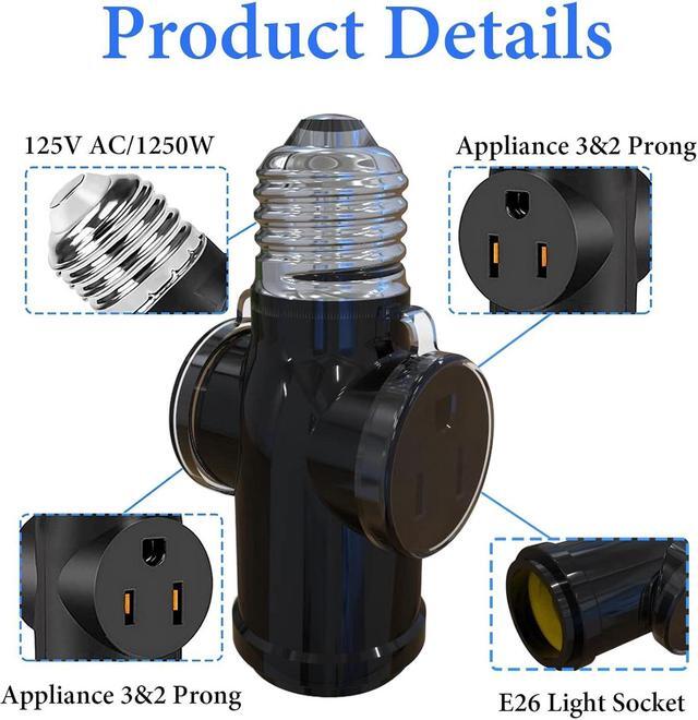 Alt view image 3 of 6 - 2 Pcs Luntak 3 Prong Light Socket to Plug Adapter, E26 Light Socket Outlet Outdoor, Light Bulb to 2/3 Prong Outlet Socket Splitter Converter Heat-Resistant for Porch Patio Garage Utility Rooms (Black)