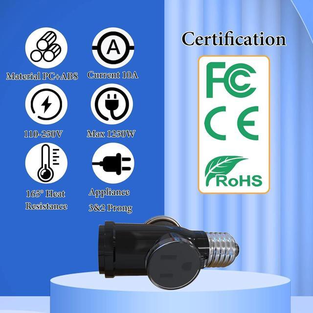 Alt view image 4 of 6 - 2 Pcs Luntak 3 Prong Light Socket to Plug Adapter, E26 Light Socket Outlet Outdoor, Light Bulb to 2/3 Prong Outlet Socket Splitter Converter Heat-Resistant for Porch Patio Garage Utility Rooms (Black)