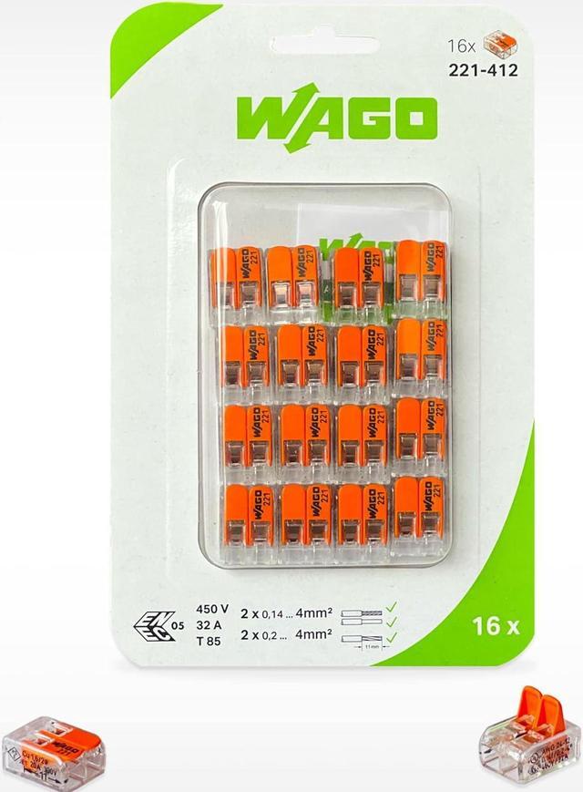 WAGO Wire Connectors 221-412 Series Lever-Nuts 16pcs, Compact Splicing Wire  Connector Assortment with Box, Electrical Connectors, Special Blister Box  ((16x) 221-412) 