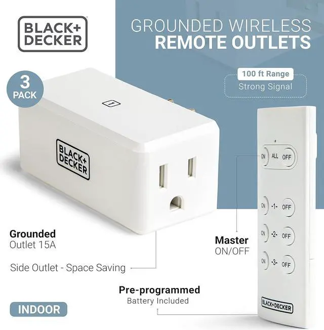 Alt view image 4 of 7 - BLACK+DECKER Wireless Remote-Control Outlet, Pack of 3 Outlets, 1 Remote - Premium Light Switches