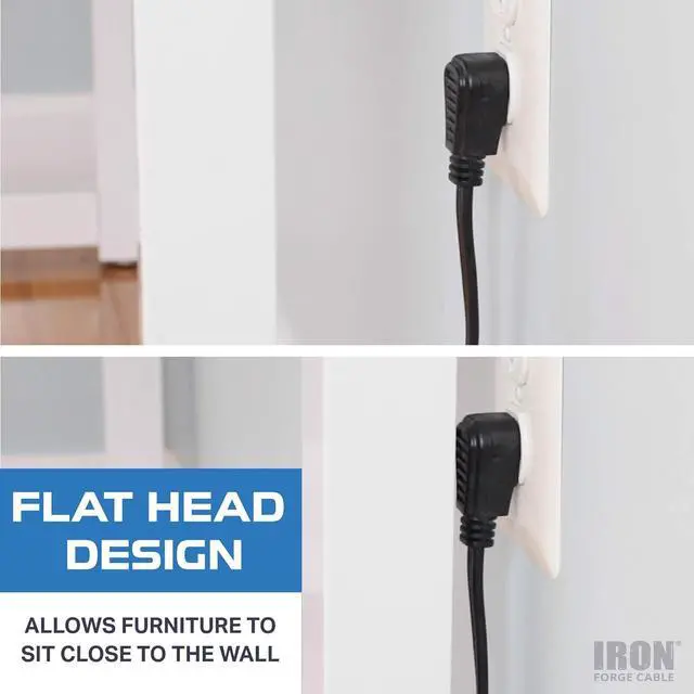 Alt view image 4 of 7 - Iron Forge Cable 2 Pack 15 ft Flat Plug Black Extension Cord with 3 Outlets - 16/3 SJTW 3 Prong Indoor Extension Cord with Multiple Outlets