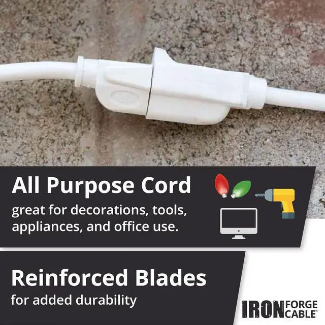 Alt view image 7 of 7 - Iron Forge Cable Weatherproof 10 Ft Outdoor Extension Cord - 16/3 SJTW Heavy Duty White Extension Cord 3 Prong - 13 Amp Exterior Power Cable