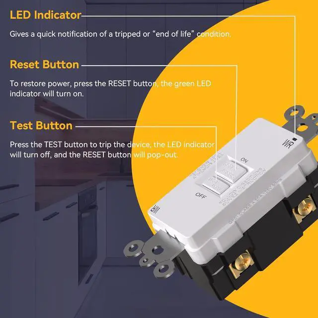 Alt view image 4 of 7 - AIDA 20 Amp 120V Blank Face GFCI Weather Resistant Self Test LED Indicator Indoor Outdoor Faceless GFCI WR Outlet with Cover, UL Listed, Back &Side Wire (White, 1Pack)