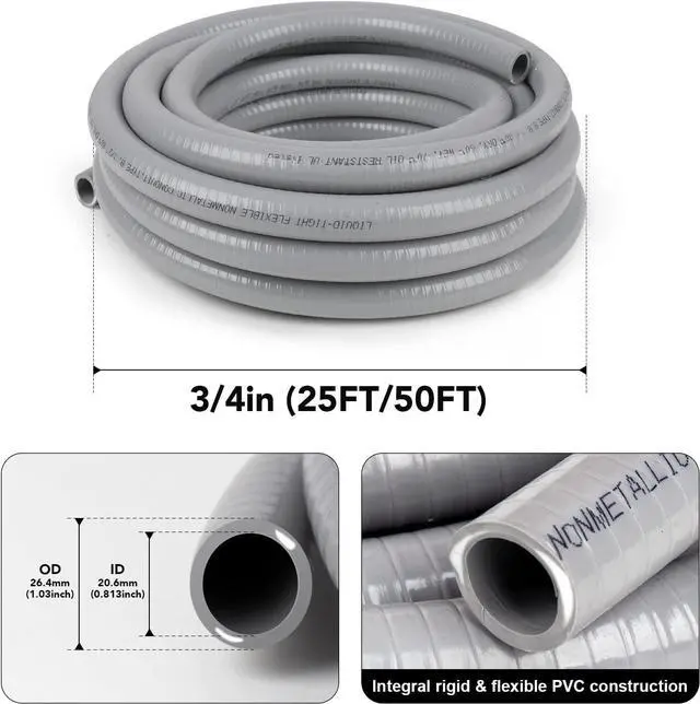 Alt view image 2 of 7 - 3/4inch 50ft Liquid-Tight Conduit and Connector Kit,Flexible Non-Metallic Liquid Tight Electrical Conduit Kit with 5 Straight and 3 90-Degree Conduit Connector Fittings,3/4 in. Dia