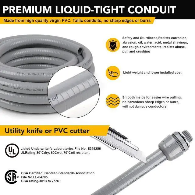 Alt view image 3 of 7 - 3/4inch 50ft Liquid-Tight Conduit and Connector Kit,Flexible Non-Metallic Liquid Tight Electrical Conduit Kit with 5 Straight and 3 90-Degree Conduit Connector Fittings,3/4 in. Dia