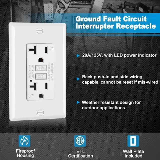 Alt view image 2 of 6 - (10 Pack) UNIELE 20 Amp WR GFCI Receptacle Outlet, Outdoor Weather-Resistant GFI, Ground Fault Circuit Interrupter, Wallplate Included, ETL Listed, White
