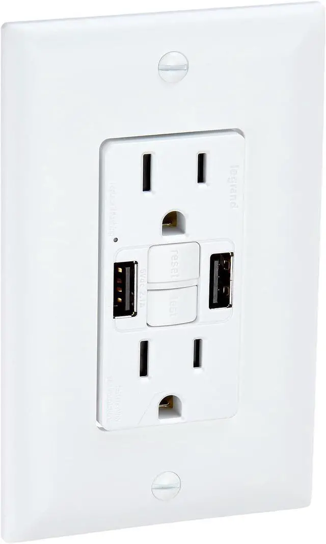 Main image of Legrand Radiant 1597TRUSBAAW 15 Amp GFCI Self Test Tamper Resistant Decorator Duplex Outlet with USB Type A, White (1 Count)