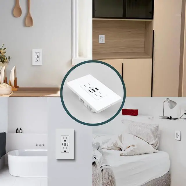 Alt view image 7 of 7 - 6.0A USB Charger Wall Outlet, USB Receptacle with Type C & A Ports, 15A Duplex Tamper Resistant Outlets, Screwless Wall Plate Include, UL & FCC Listed, White, 2 Pack