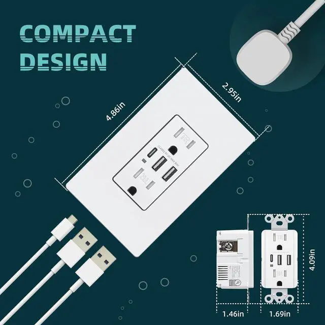 Alt view image 5 of 7 - 6.0A USB Charger Wall Outlet, USB Receptacle with Type C & A Ports, 15A Duplex Tamper Resistant Outlets, Screwless Wall Plate Include, UL & FCC Listed, White, 2 Pack
