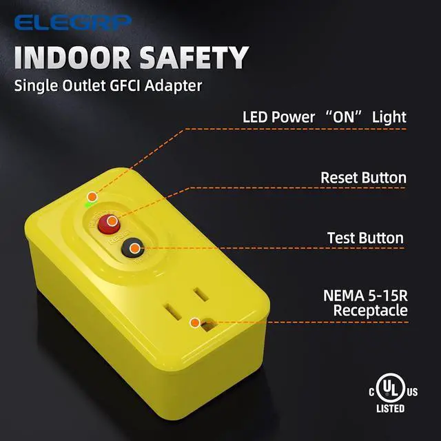 Alt view image 2 of 7 - ELEGRP Single Outlet GFCI Adapter, 15 AMP Grounded 3-Prong GFCI Adapter, for Indoor Use with Automatic Reset, UL Listed, Yellow, 1 Pack