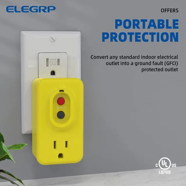 Alt view image 4 of 7 - ELEGRP Single Outlet GFCI Adapter, 15 AMP Grounded 3-Prong GFCI Adapter, for Indoor Use with Automatic Reset, UL Listed, Yellow, 1 Pack