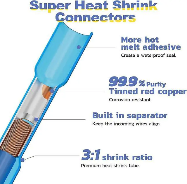 Alt view image 4 of 6 - 580PCS Heat Shrink Butt Connectors, AWG 26-10 Marine Grade Heat Shrink Wire Connectors,Tinned Red Copper Waterproof Wire Connectors(4Colors/4Sizes)