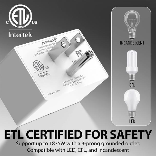 Alt view image 7 of 7 - Fosmon Wireless Remote Control Electrical Outlet Switch (5 Pack + 2 Remotes) -ETL Listed, (15A, 125V 1800W) Remote Light Switch Outlet Plug for Lamp, Lights, Fans, Household Appliances, Expandable