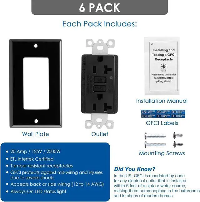 Alt view image 2 of 6 - Asani 20 Amp GFCI Outlet with Matching Wall Plates, 6 Pack, 20A/125V 5-20R, Black Tamper-Resistant GFI Receptacle Set, ETL Listed Ground Fault Circuit Interrupter, Easy-Install