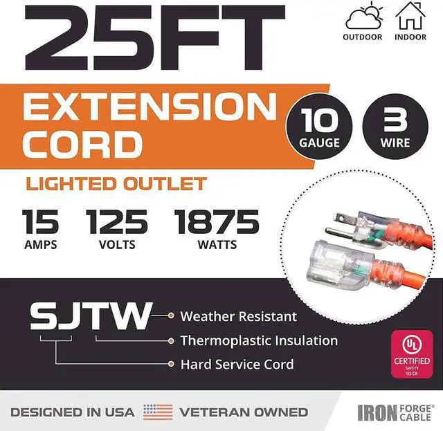 Alt view image 2 of 7 - IRON FORGE 10 Gauge Extension Cord 25 FT - 15 AMP Extension Cord with 3 Prong 10 AWG Water Resistant Orange Outdoor Extension Cord - Great for Generator, Compressor, Major Appliances, US Veteran Owned