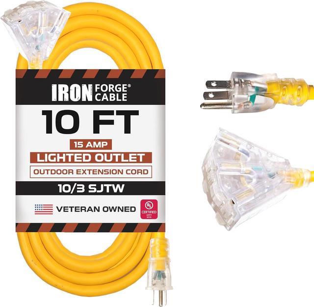 Iron Forge Cable 10 Gauge Extension Cord 10 Ft with 3 Outlets, SJTW 10/3 Heavy  Duty Outdoor Extension Cord with Multiple Outlets 10ft, 15 AMP Yellow  Outdoor Cable with Lighted End for Major Appliances 