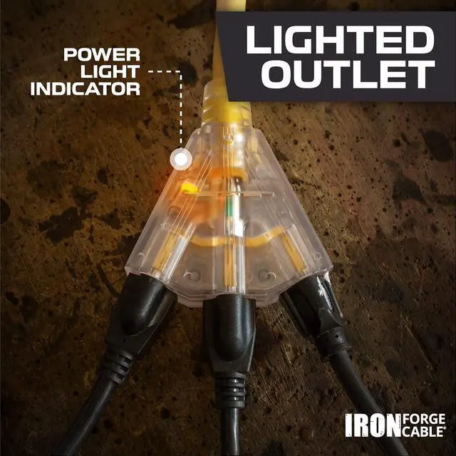 Alt view image 3 of 7 - Iron Forge Cable 10 Gauge 75ft Lighted Outdoor Heavy Duty Extension Cord with 3 Outlets - 15 Amp 10/3 SJTW Yellow Extension Cord with Multiple Outlets