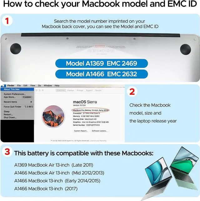 Alt view image 3 of 6 - Key Power A1466 Battery, 13 inch MacBook Air Battery Replacement for A1466 (Mid 2012/2013, Early 2014/2015, 2017), A1369 (Late 2010, Mid 2011), Compatible Laptop Battery Models A1496 A1377 A1405