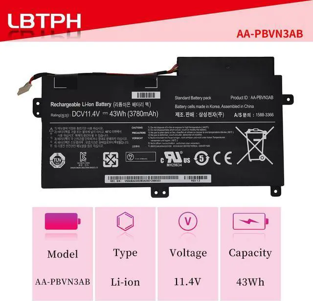 Alt view image 2 of 7 - AA-PBVN3AB 11.4V 43Wh 3780mAh Laptop Battery Replacement for Samsung NP370R4E NP370R5E NP370R5V NP450R4E NP450R5E NP450R4V NP450R5V NP470R5E NP510R5E
