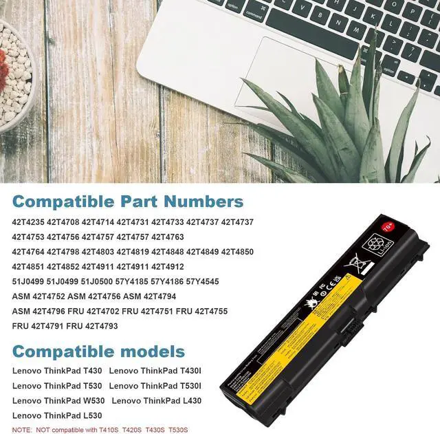 Alt view image 5 of 7 - TREE.NB 70+ Laptop Battery for Lenovo ThinkPad T430 T430i T530 T530i W530 W530i L430 L530 SL430 0A36302 0A36303 45N1006 45N1007 57Y4185 57Y4186(10.8V 57Wh 6-Cells)