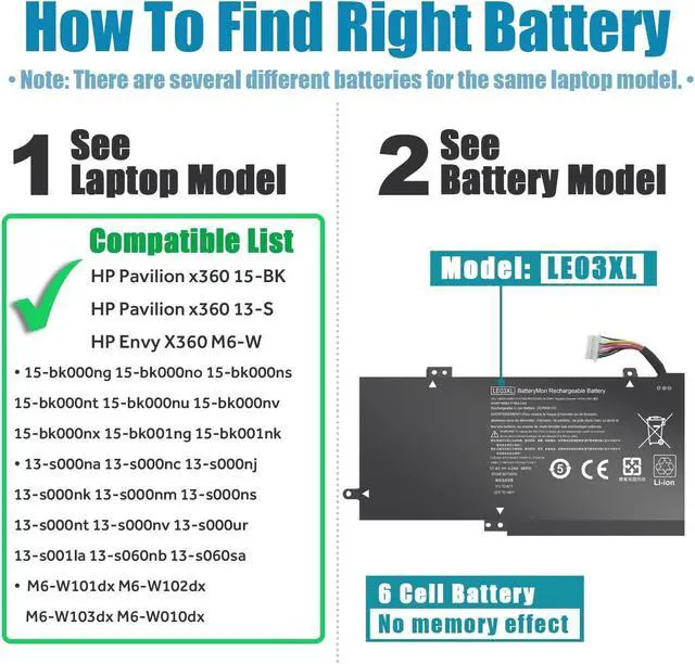 Alt view image 3 of 7 - 796356-005 LE03XL Laptop Battery for HP Envy X360 M6-W101dx W102dx W103dx W010dx, Pavilion X360 13-s000 15-bk000 Series: 13-s120nr 13-s128nr 15-bk010nr 15-bk152nr LE03 HSTNN-PB6M HSTNN-YB5Q