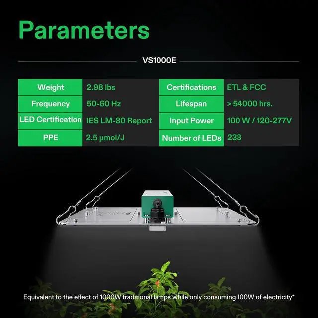 Alt view image 5 of 6 - VS1000E LED Grow Light with  Diodes, Sunlike Full Spectrum Plant Light for Indoor Plants Seedling Veg and Bloom in 2x2/3x3 Grow Tents Greenhouses