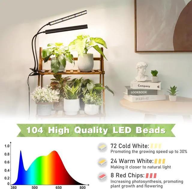 Alt view image 2 of 7 - Grow Light Full Spectrum, Dual Head Plant Lights for Indoor Growing with Flexible Gooseneck, 104 LEDs Clip Grow Lamp with 4/8/12H Timer, 4 Brightness Levels, Ideal for Indoor Growth