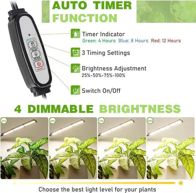 Alt view image 5 of 7 - Grow Light Full Spectrum, Dual Head Plant Lights for Indoor Growing with Flexible Gooseneck, 104 LEDs Clip Grow Lamp with 4/8/12H Timer, 4 Brightness Levels, Ideal for Indoor Growth