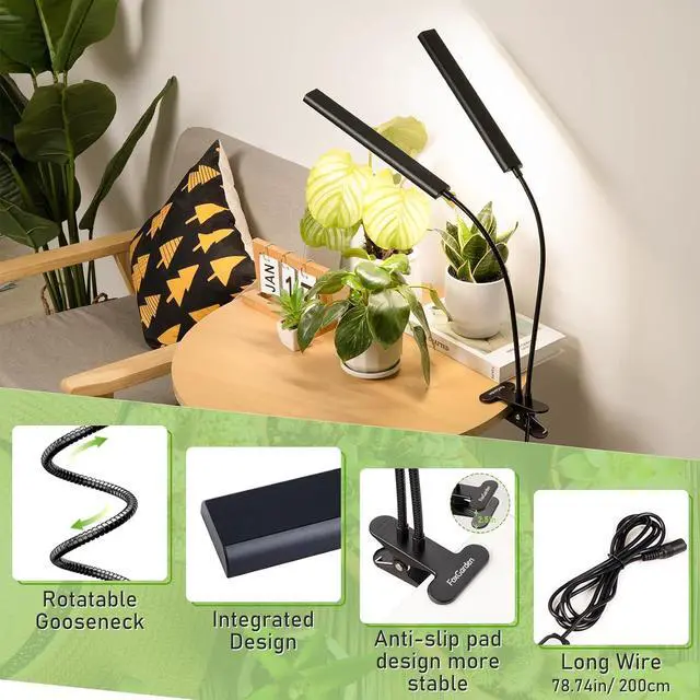 Alt view image 6 of 7 - Grow Light Full Spectrum, Dual Head Plant Lights for Indoor Growing with Flexible Gooseneck, 104 LEDs Clip Grow Lamp with 4/8/12H Timer, 4 Brightness Levels, Ideal for Indoor Growth
