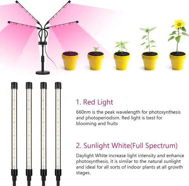 Alt view image 2 of 7 - Grow Lights for Indoor Plants, Four Head LED Grow Light with Full Spectrum & Red White Spectrum for Indoor Plant Growing Lamp, Adjustable Gooseneck, Suitable for Plant(Four-head plant light)