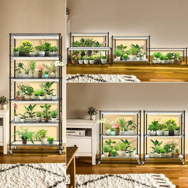 Alt view image 2 of 7 - DIY Plant Shelf with Grow Light, Grow Light Shelf with Adjustable Rack and Wheels, Plant Stand, 8-Pack 192W T8 3000K Full Spectrum Grow Lights for Seed Starting,Seed Tray(29.5L x 13.8W x70.9H)