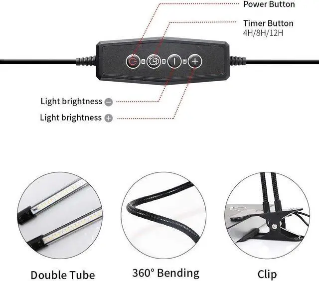 Alt view image 5 of 6 - GooingTop LED Grow Light,6000K Full Spectrum Clip Plant Growing Lamp with White Red LEDs for Indoor Plants,5-Level Dimmable,Auto On Off Timing 4 8 12Hrs