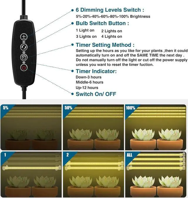 Alt view image 3 of 6 - Mosthink Grow Lights Full Spectrum, LED Grow Lights Strips for Indoor Plants,Plant Lights with Auto On Off Timer 3 6 12H,40W Dimmable 5500K White Plant Growing Lamp, 204 LEDs,4 Packs