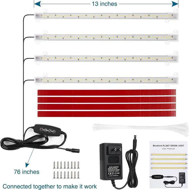 Alt view image 5 of 6 - Mosthink Grow Lights Full Spectrum, LED Grow Lights Strips for Indoor Plants,Plant Lights with Auto On Off Timer 3 6 12H,40W Dimmable 5500K White Plant Growing Lamp, 204 LEDs,4 Packs
