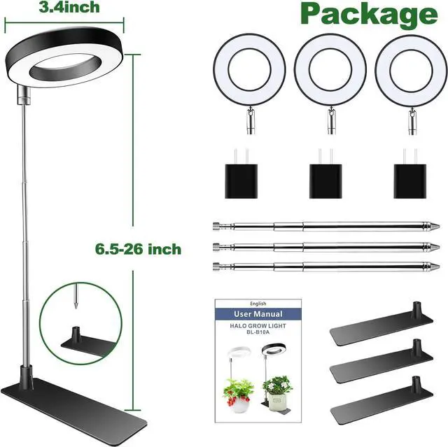 Alt view image 6 of 6 - Plant Grow Light, 48 LEDs Full Spectrum Grow Light for Indoor Plants, Height Adjustable Small Halo Light with Base, 3 Optional Spectrums, Auto Timer 3/9/12Hrs, 10 Brightness, 3 Pack