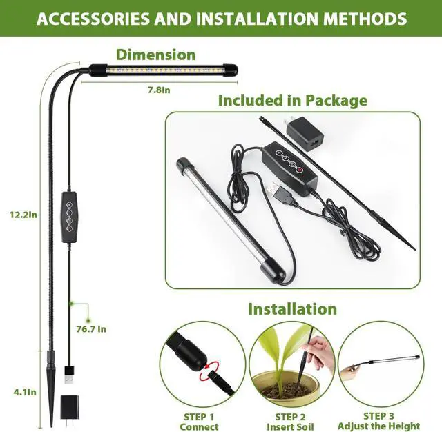 Alt view image 7 of 7 - Grow Light 2 Pack, 6000K Full Spectrum Gooseneck Growing Lamp for Indoor Pot Plants Bonsai/Plant/Houseplants, Dimmable & Auto Timer 4 8 12H