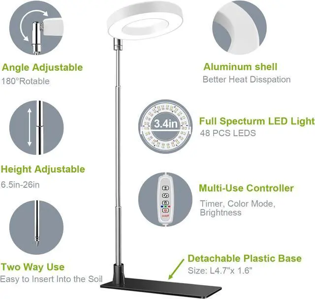 Alt view image 2 of 7 - Grow Lights for Indoor Plants, Full Spectrum Halo Growing lamp with Detachable Base, Height Adjustable, 3 Colors, 10 Dimming, Automatic Timer, Plant Light for Small Plants Growing, 2-Pack