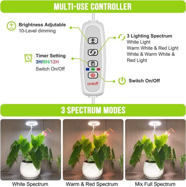 Alt view image 3 of 7 - Grow Lights for Indoor Plants, Full Spectrum Halo Growing lamp with Detachable Base, Height Adjustable, 3 Colors, 10 Dimming, Automatic Timer, Plant Light for Small Plants Growing, 2-Pack