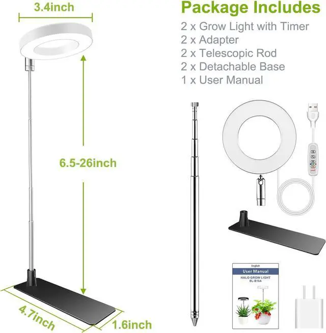 Alt view image 7 of 7 - Grow Lights for Indoor Plants, Full Spectrum Halo Growing lamp with Detachable Base, Height Adjustable, 3 Colors, 10 Dimming, Automatic Timer, Plant Light for Small Plants Growing, 2-Pack