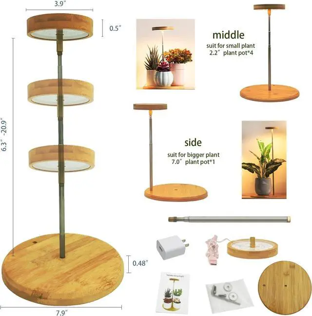 Alt view image 6 of 6 - Plant Grow Light for Indoor Plant,Bamboo Mini LED Grow Light Garden,Height Adjustable,Automatic Timer with 8/12/16 Hours