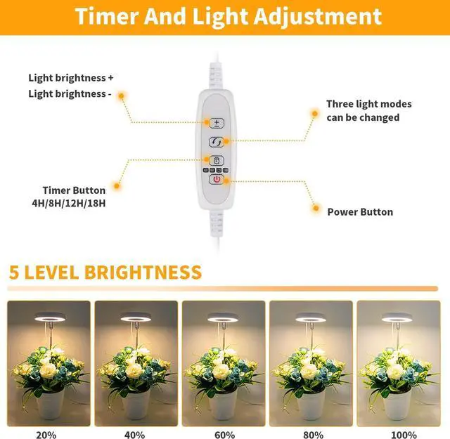 Alt view image 4 of 6 - GooingTop LED Grow Light, Halo Plant Growing Lamp for Indoor Plants Growth, White Full Spectrum Low Light for Small Plants,Upgrade Timer 4/8/12/18 Hrs & Variable Spectrum,2 Pack
